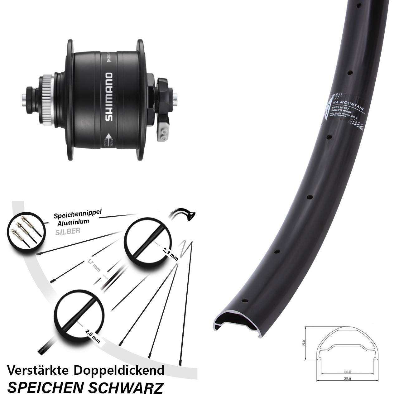 Nabendynamovorderrad Centerlock QR 29 Zoll KX Mountain TR Shimano DH-3D37