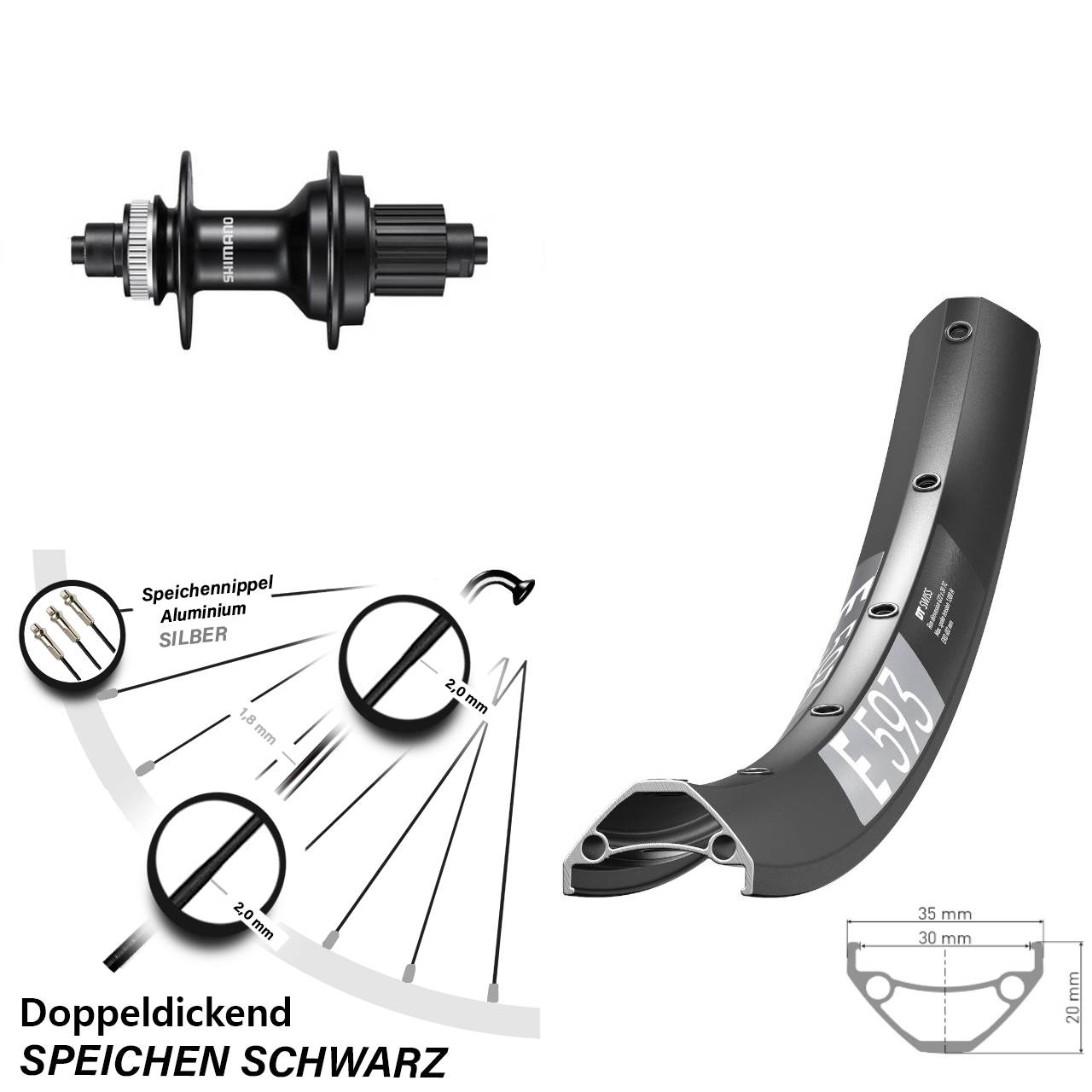 Hinterrad 27,5 Zoll DT Swiss E593 Shimano FH-MT500 5x135 Centerlock Micro Spline
