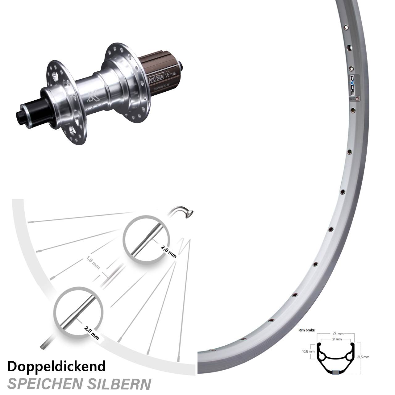 KX-T 135 mm Nabe 10/11-fach Felgenbremse Ryde ZAC 421 Hinterrad silbern 28 Zoll