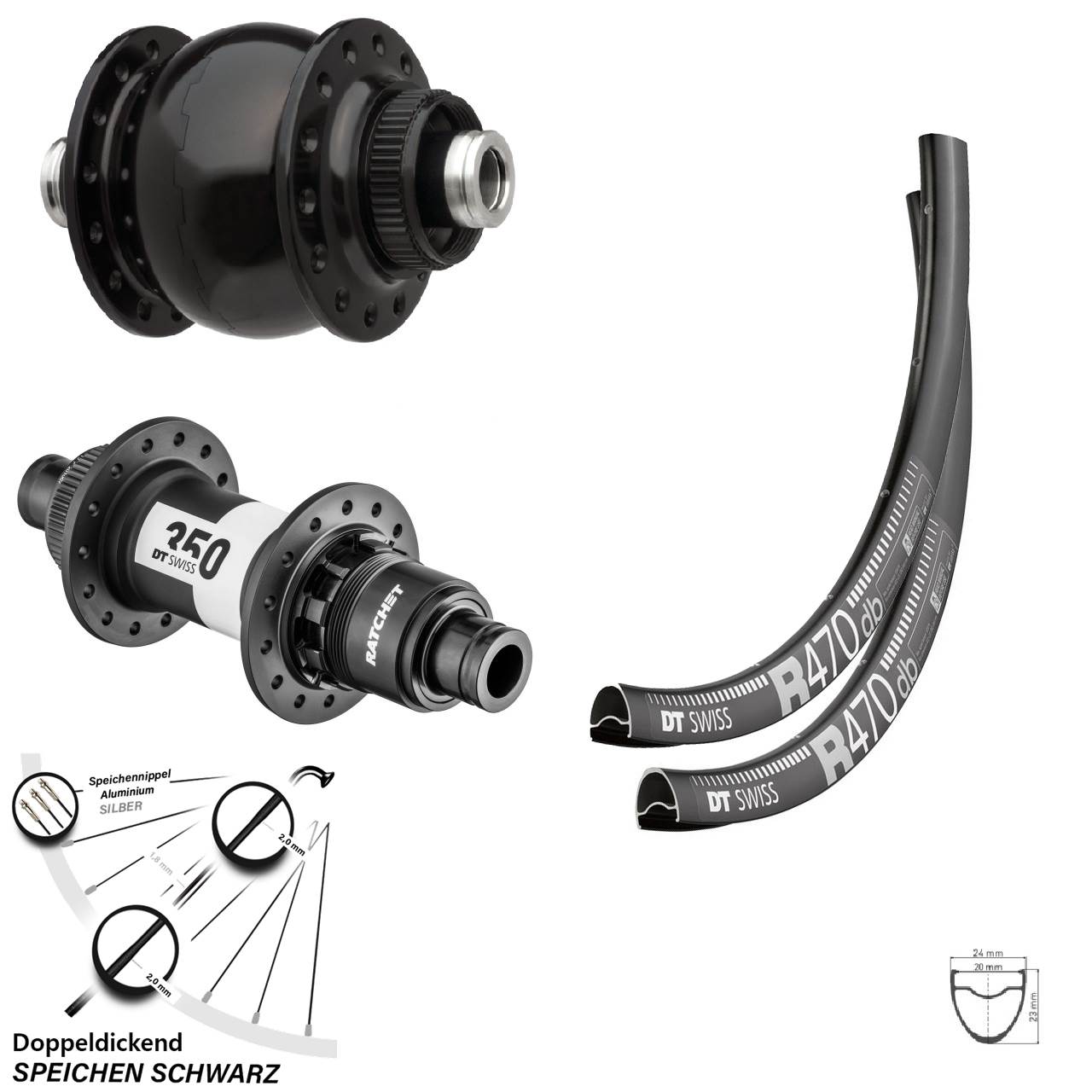 Laufradsatz DT Swiss R470-350 Sram XDR Dynamo SON 28 Zoll Centerlock Steckachse 12 mm