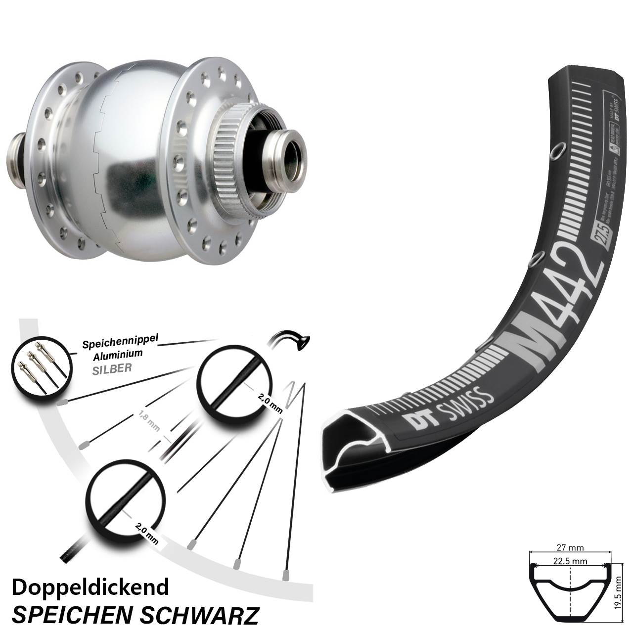 29 Zoll DT Swiss M 442 SON 28 Centerlock Vorderrad mit Nabendynamo 12x100