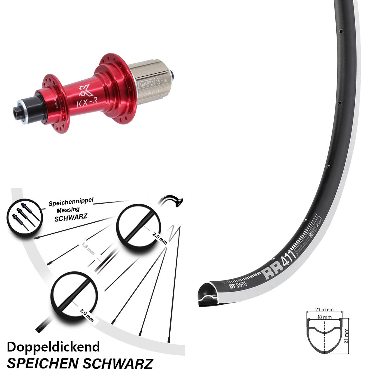 Laufrad hinten 28 Zoll DT Swiss RR411 KX-R rot 8-12 fach für Schnellspanner