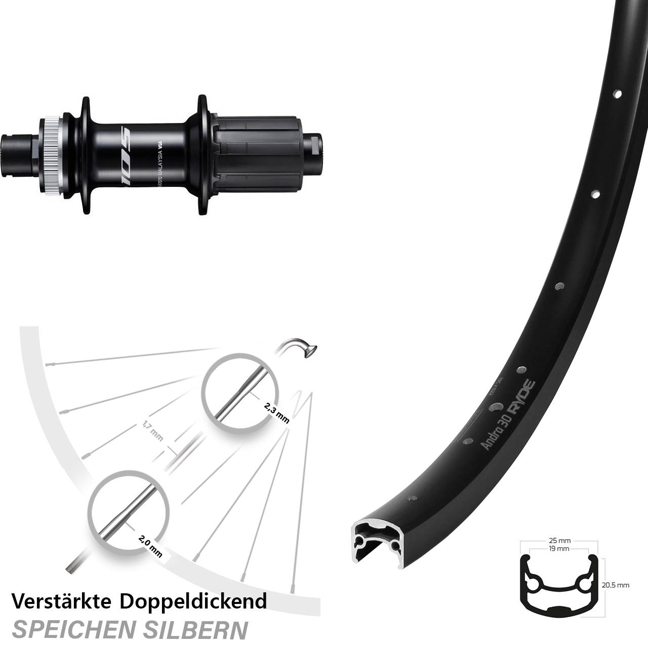 28 Zoll Ryde Andra 30 Disc Shimano 105 FH-R7070 Hinterrad 12x142 8-12 fach HG