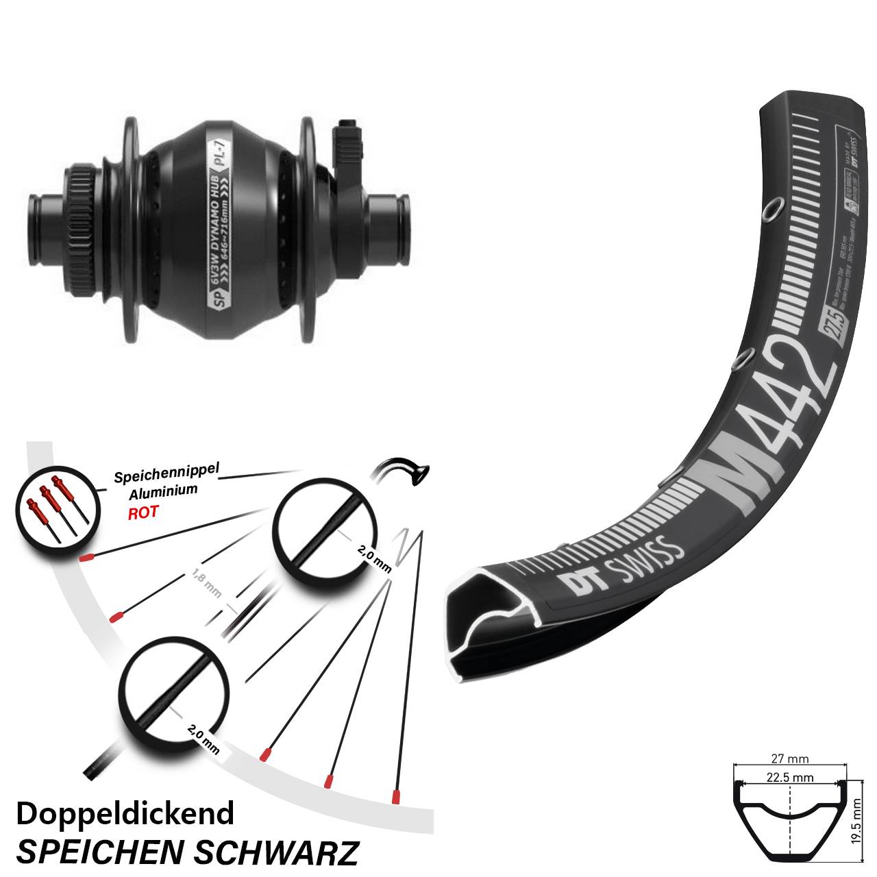 DT Swiss M 442 Shutter Precision PL-7 29 Zoll Disc Laufrad mit Nabendynamo 12x100