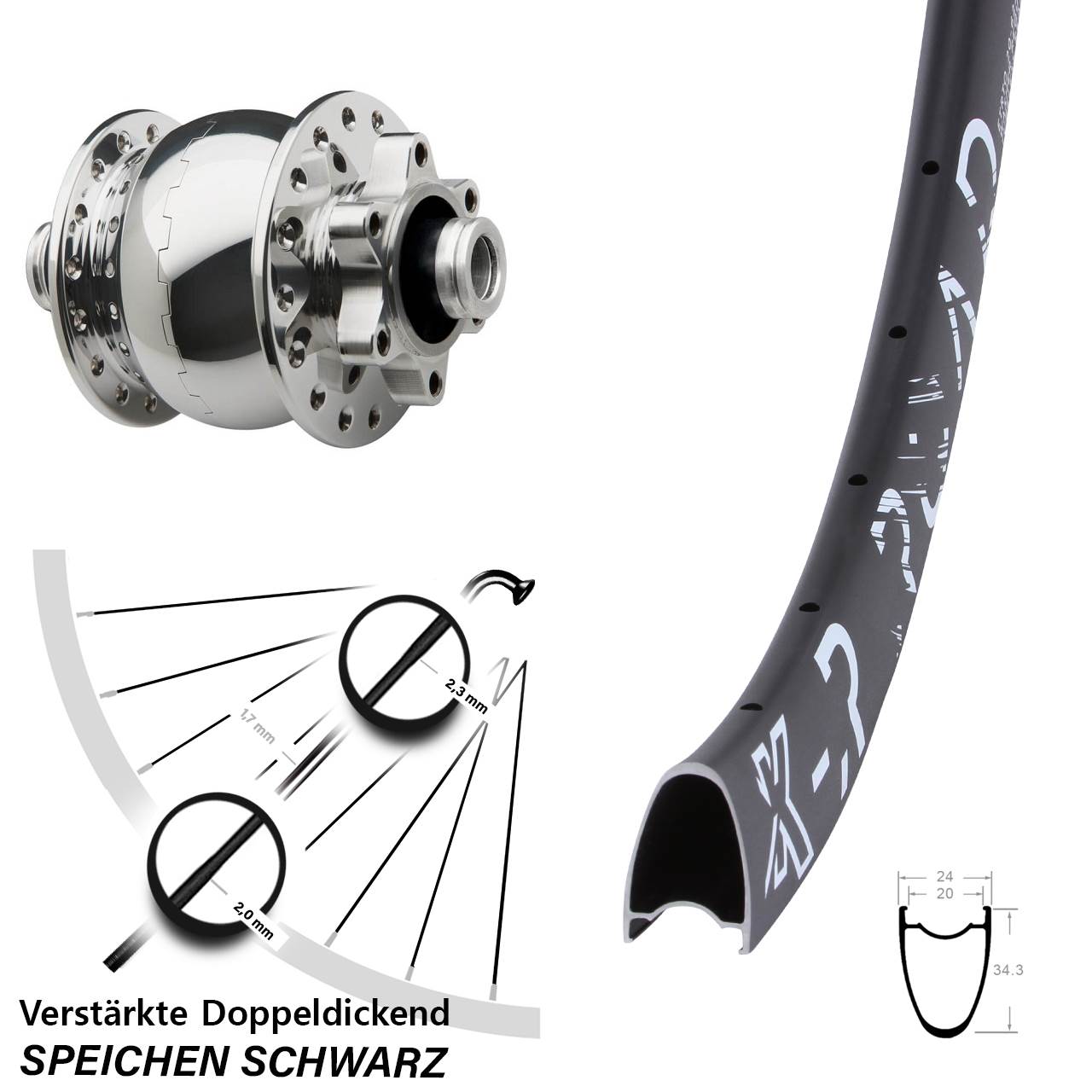 Vorderrad Dynamo KX-R Road SON 28-12 Disc 6-Loch Steckachse silbern poliert
