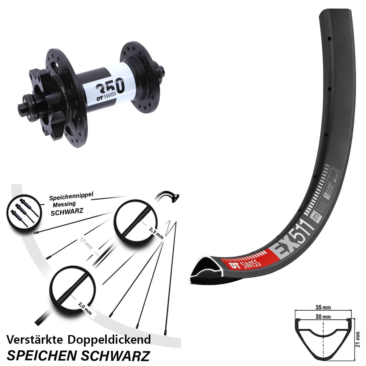 Vorderrad 6-Loch 27,5 Zoll DT Swiss EX 511-350 für Schnellspanner