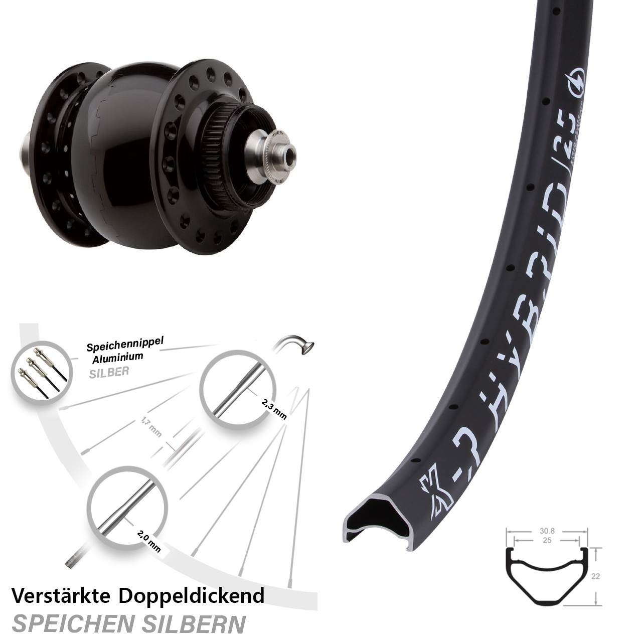Nabendynamovorderrad Centerlock für Schnellspanner 27,5 Zoll KX-R Hybrid 25 SON 28
