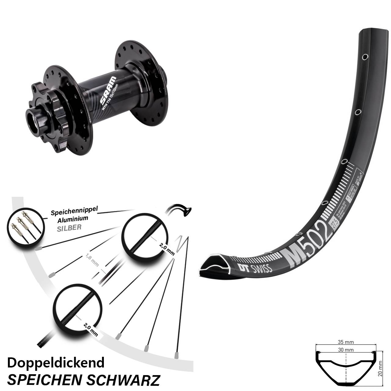 Vorderrad 6-Loch 29 Zoll DT Swiss M502 Sram 716 15x110 Boost