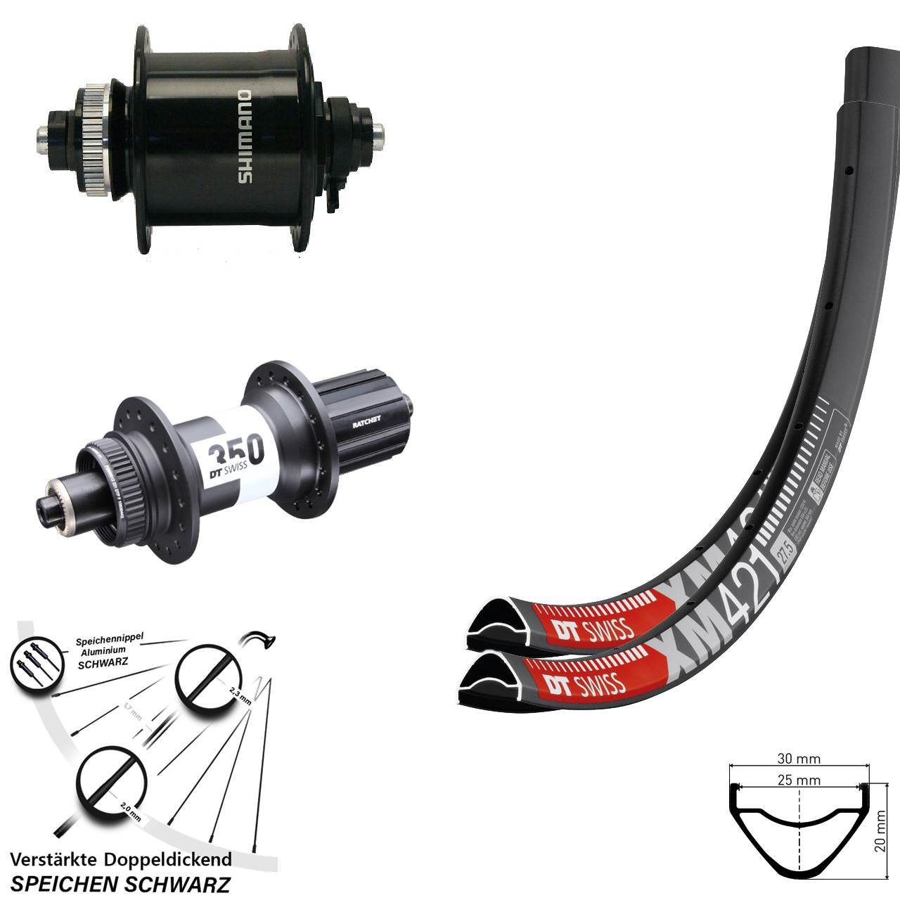 29 Zoll Laufrad-Satz QR DT Swiss XM 421-350 Ratchet 36 Shimano DH-UR700 8-11 fach