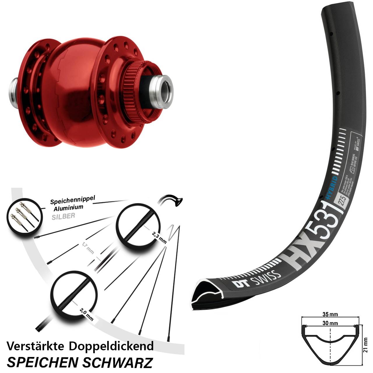Disc Vorderrad mit Nabendynamo 12x100 29 Zoll DT Swiss HX 531 SON 28 rot