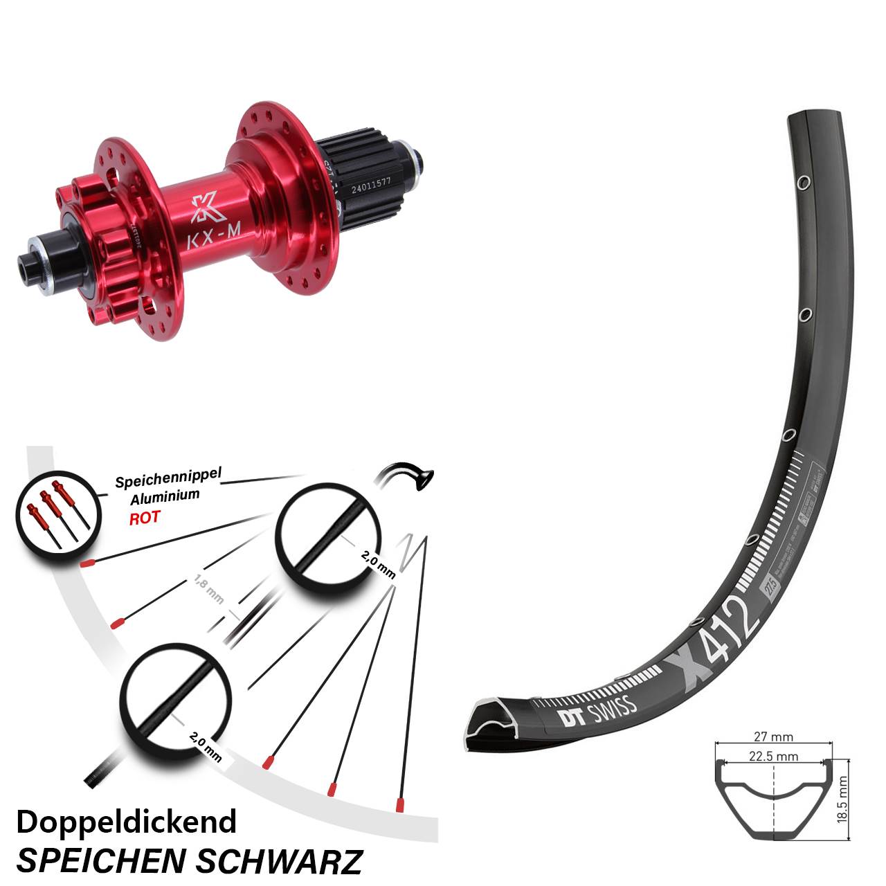 6-Loch Hinterrad QR 29 Zoll DT Swiss X412 KX-M rot Micro Spline