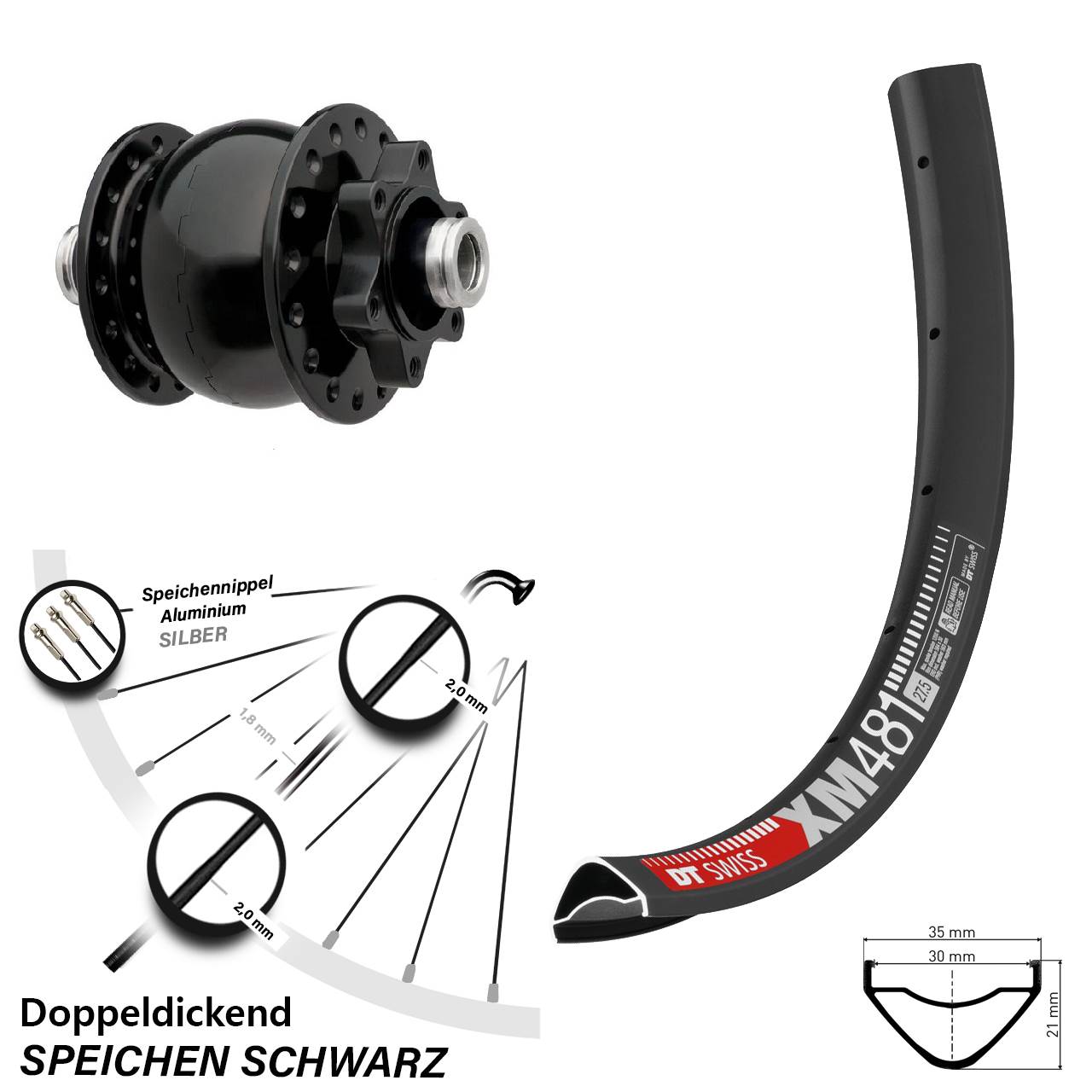 Disc Laufrad mit Nabendynamo 27,5 Zoll DT Swiss XM481 SON 28 12x100