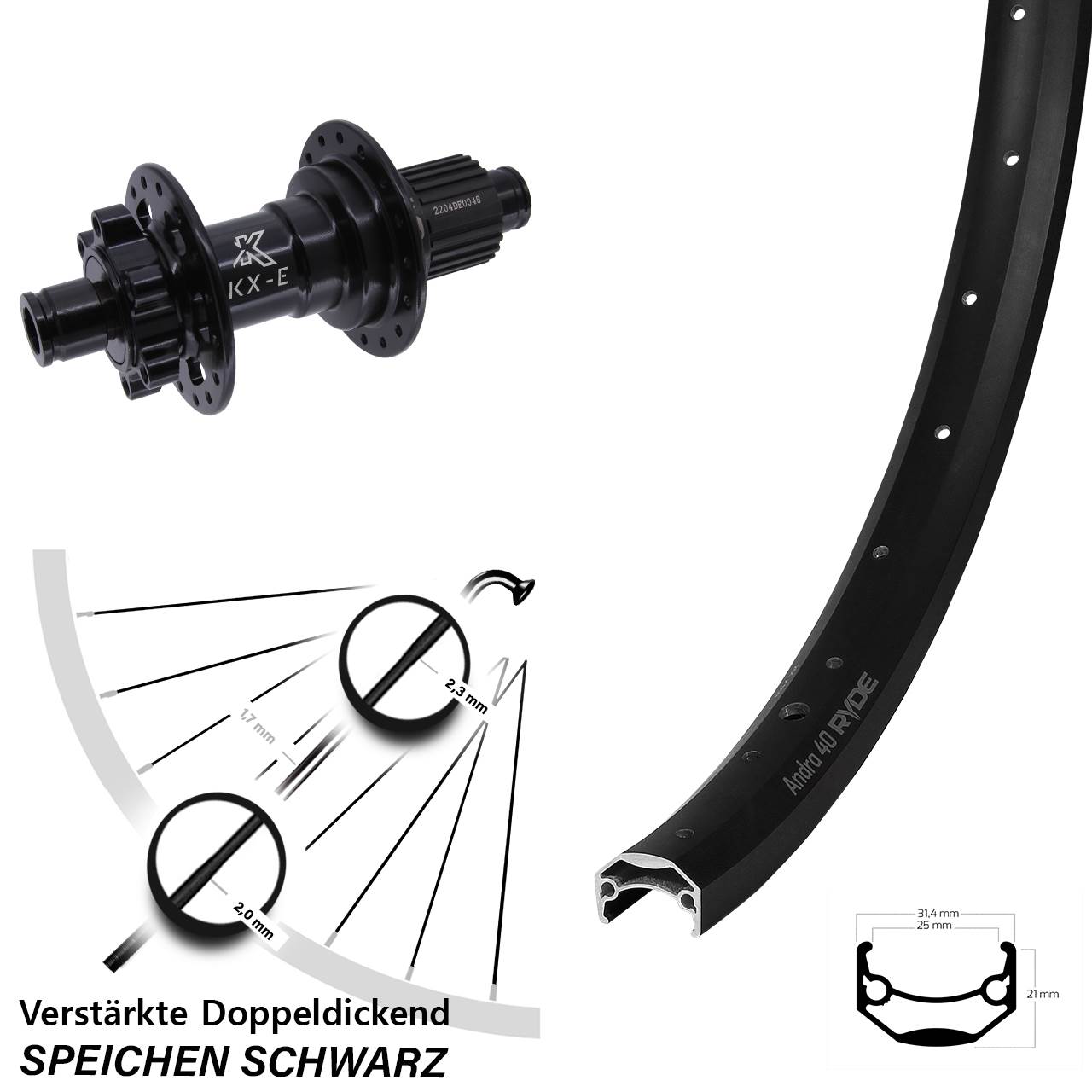 Hinterrad 6-Loch 26 Zoll Ryde Andra 40 Disc KX-E Heavy Duty Micro Spline 12x142