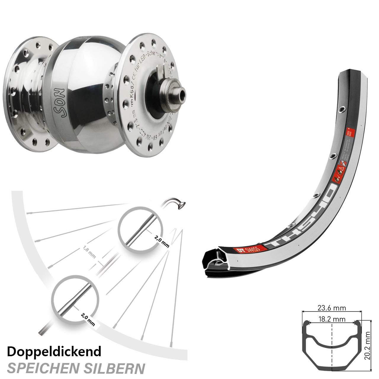 28 Zoll Vorderes Rad mit Nabendynamo DT Swiss TK 540 SON delux Wide Body silbern poliert