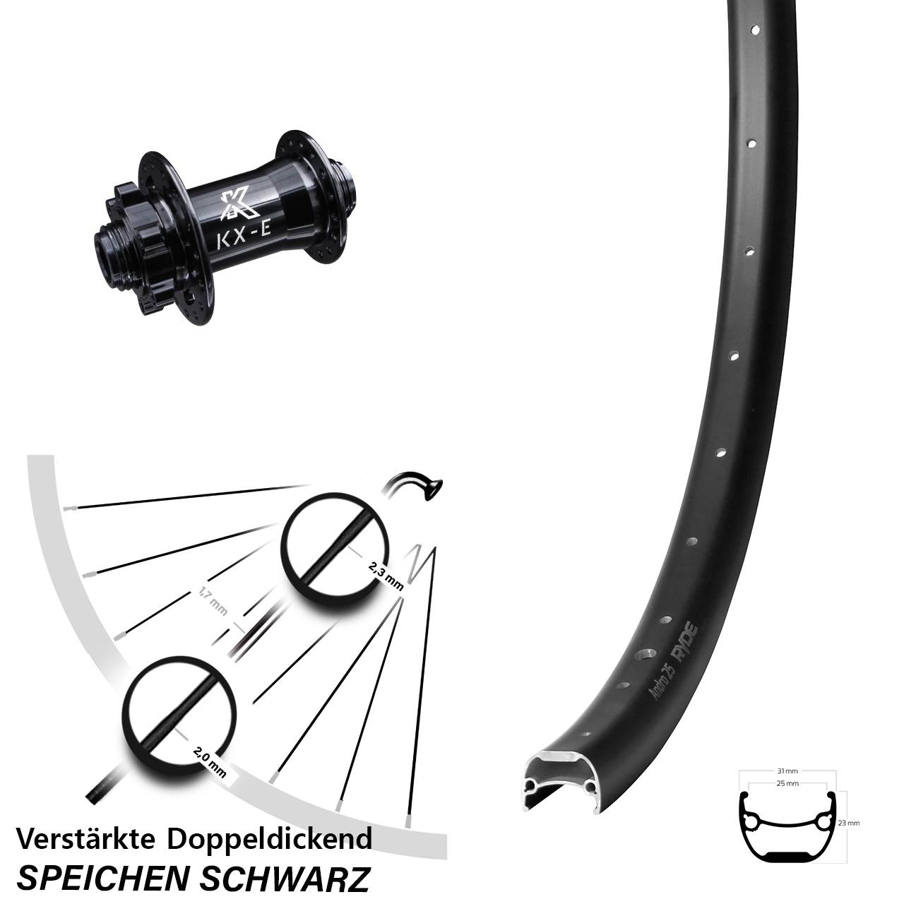 Vorderrad 6-Loch 15x100 28-29 Zoll Ryde Andra 25 KX-E verstärkt