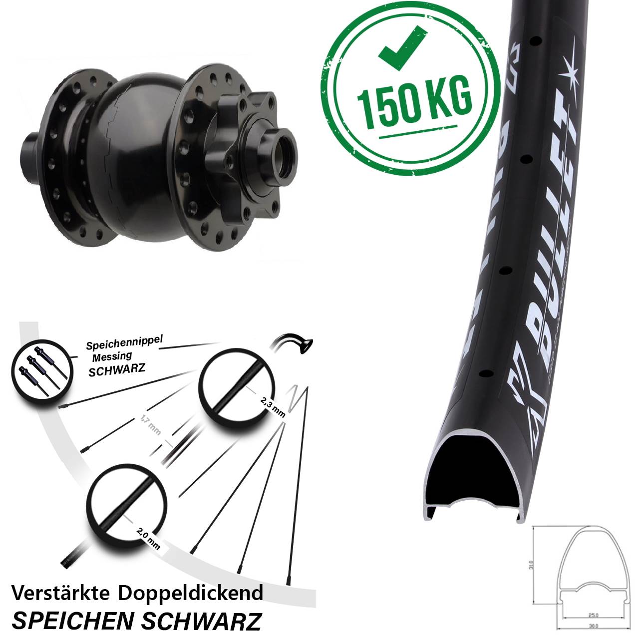 Disc Vorderrad mit Nabendynamo 28 Zoll KX Bullet SON 28 15x110 Boost