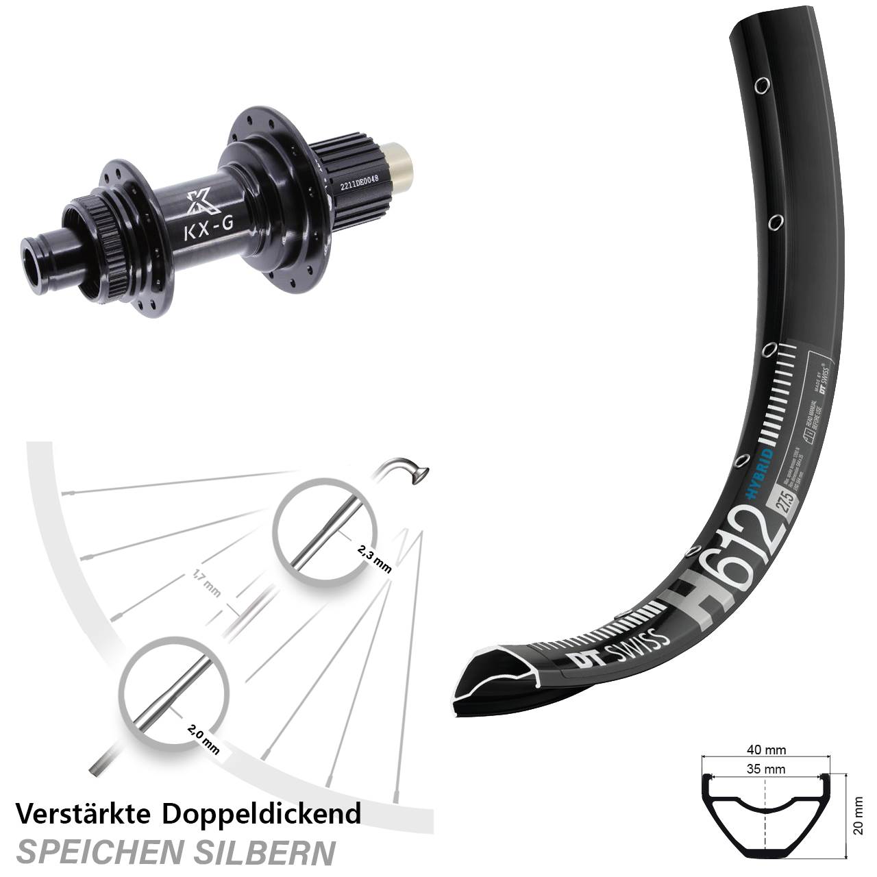 27,5 Zoll DT Swiss H 612 KX-G Centerlock Hinterrad 12x142 Shimano Micro Spline