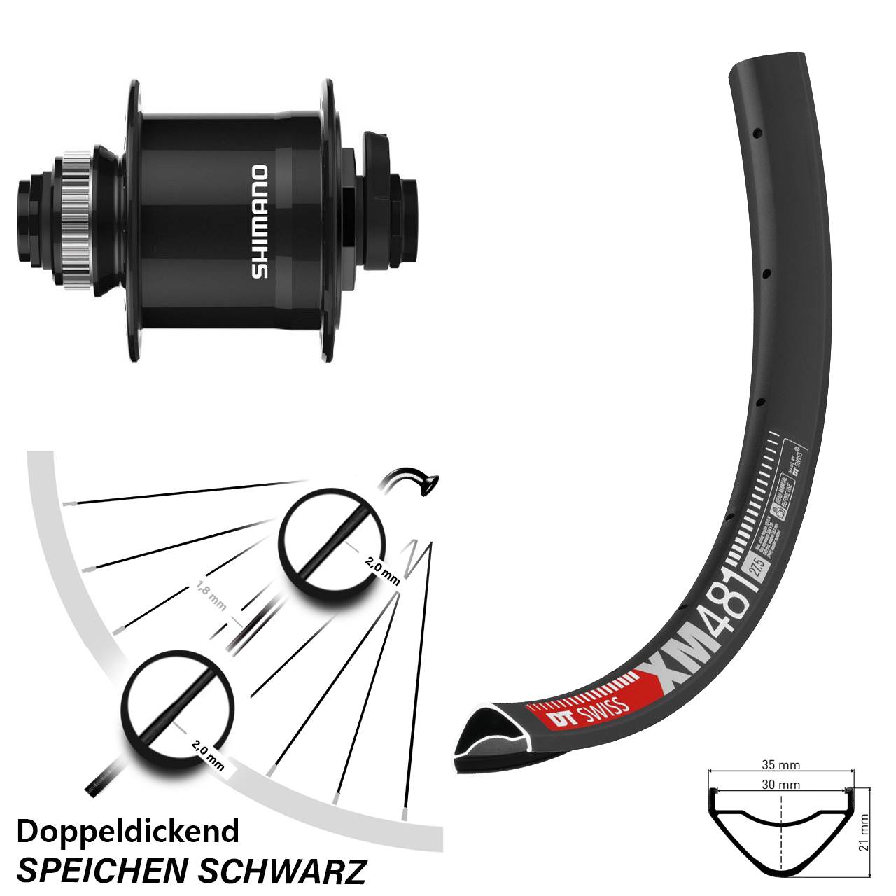 Nabendynamo-Vorderrad Centerlock 27,5 Zoll DT Swiss XM481 Shimano DH-UR708-3D 15x100