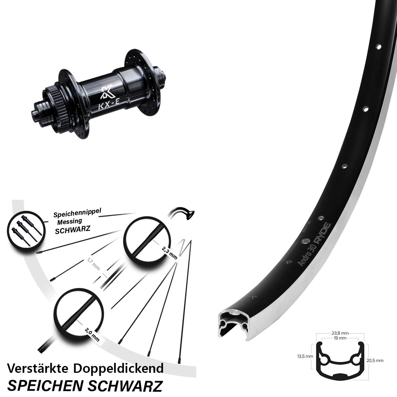 28 Zoll Vorderrad KX-E 5x100 mm Ryde Andra 30 schwarz