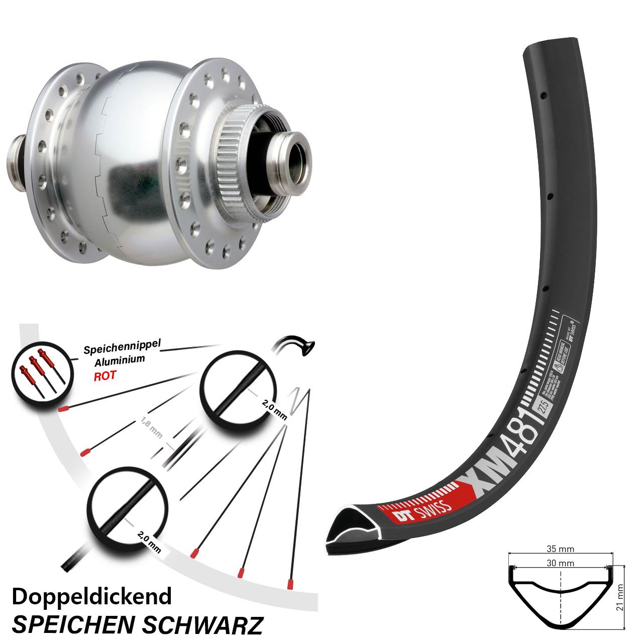 SON 28 silbern DT Swiss XM 481 27,5 Zoll Centerlock Dynamovorderrad 12x100