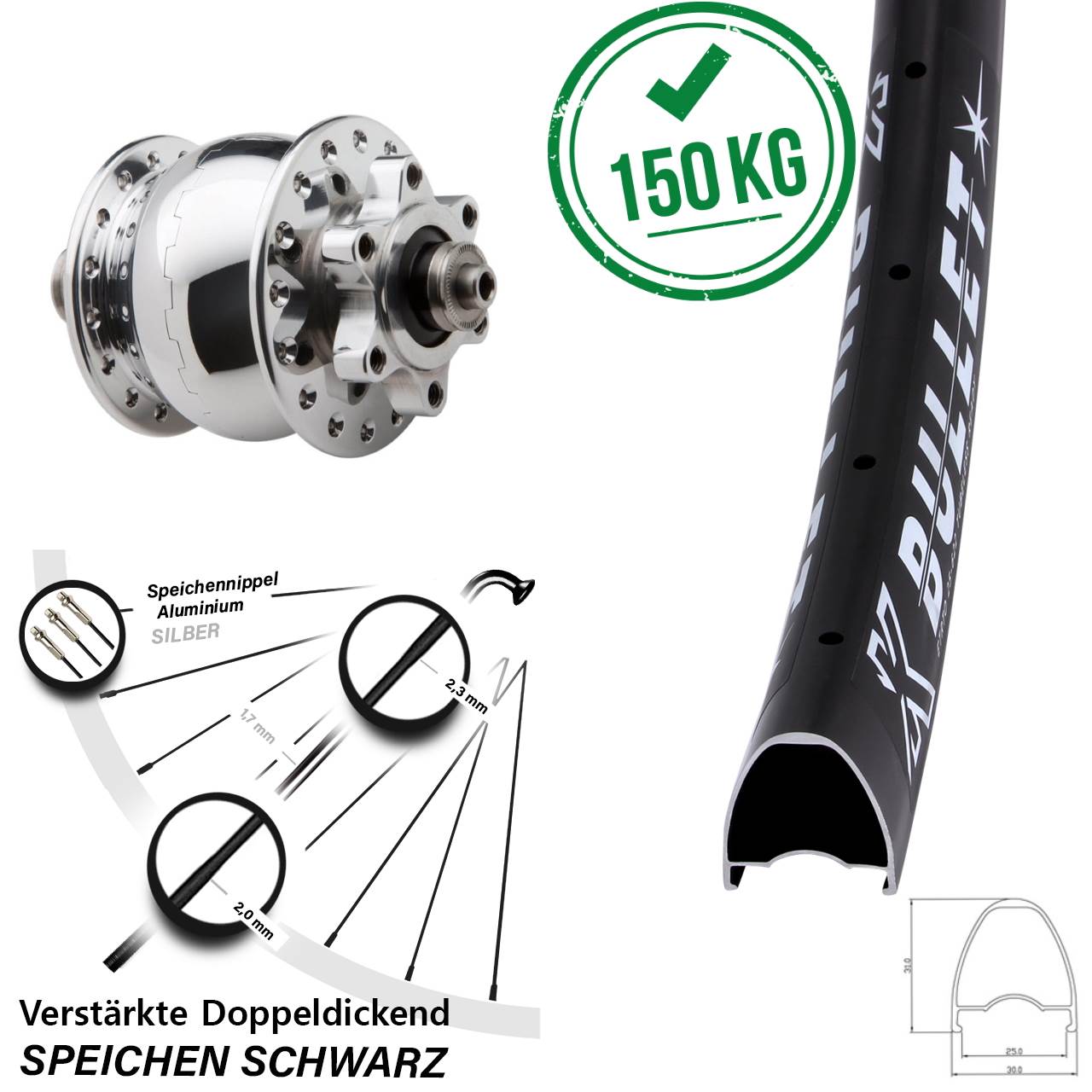 28-29 Zoll KX Bullet SON 28 6-Loch Nabendynamovorderrad für Schnellspanner