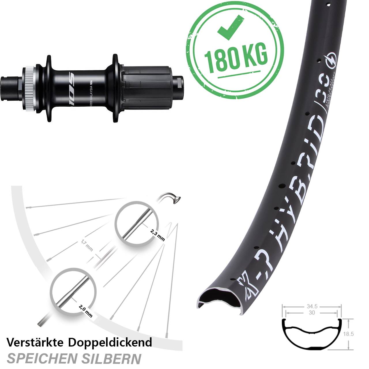29 Zoll KX-R Hybrid 30 Shimano 105 FH-R7070 Centerlock Hinterrad 12x142 8-12 fach HG