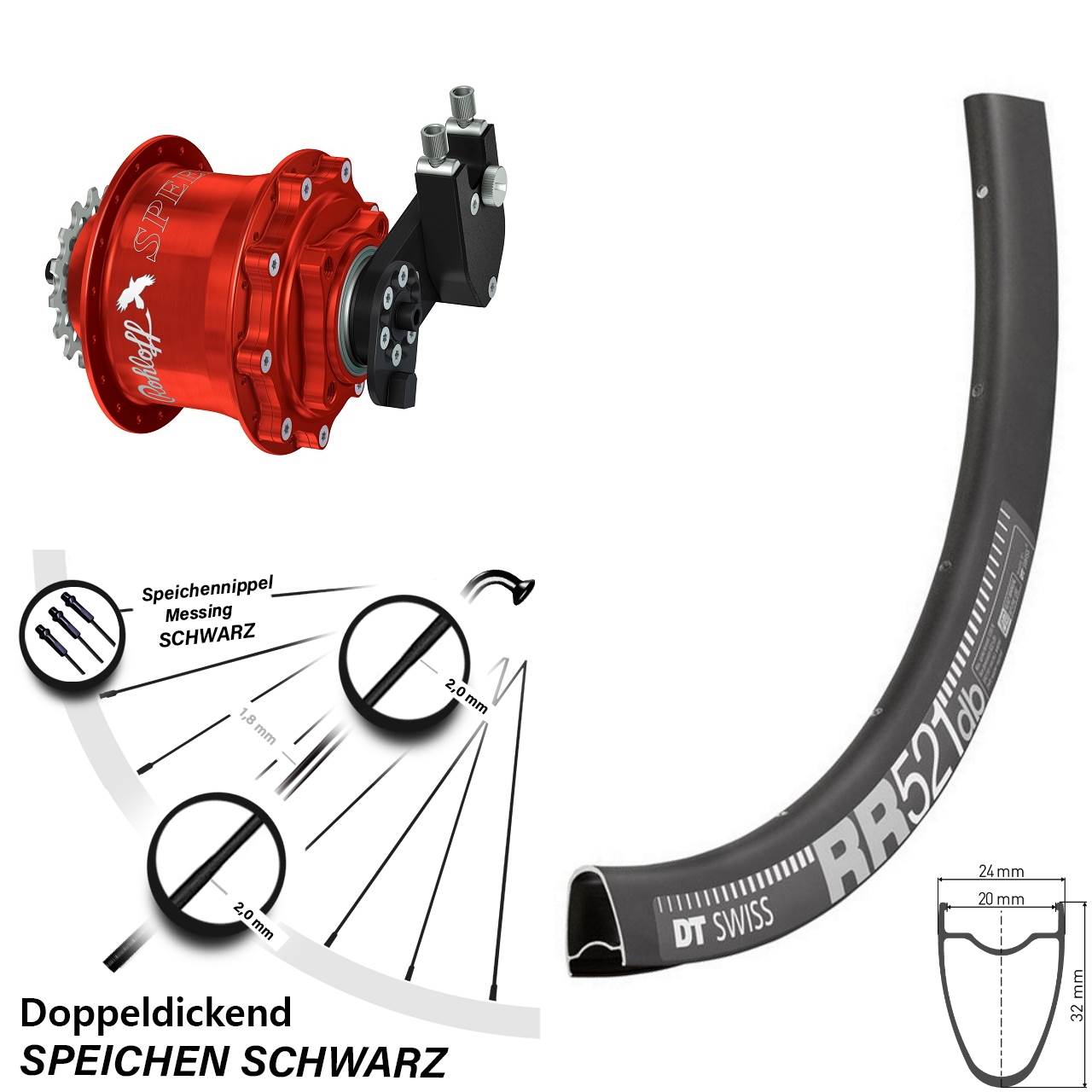 Hinterrad 28 Zoll DT Swiss RR 521 Disc Rohloff Speedhub 500/14 CC DB OEM Tandem rot