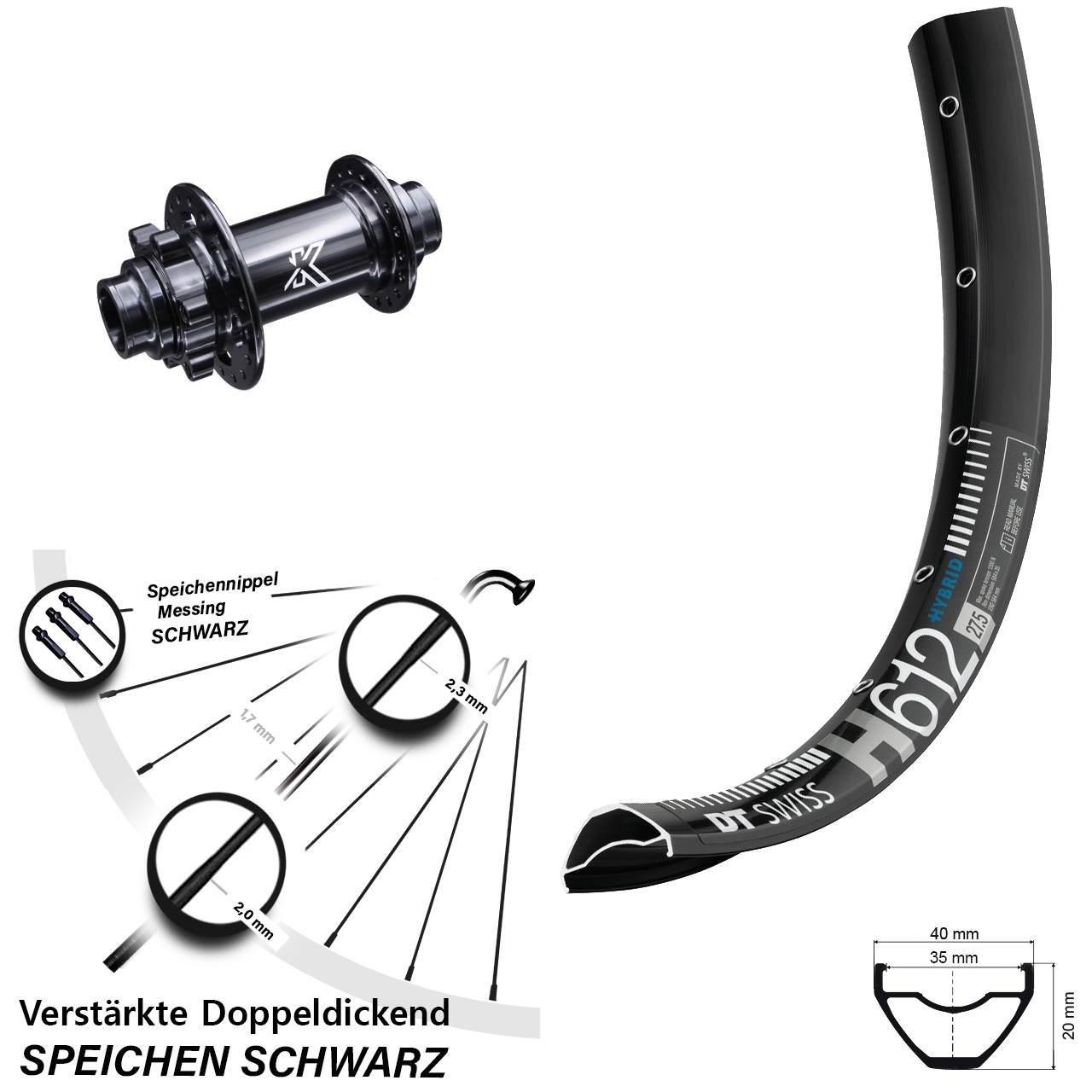 6-Loch Vorderrad 27,5 Zoll DT Swiss H 612 KX-M Downhill 20x110 non Boost