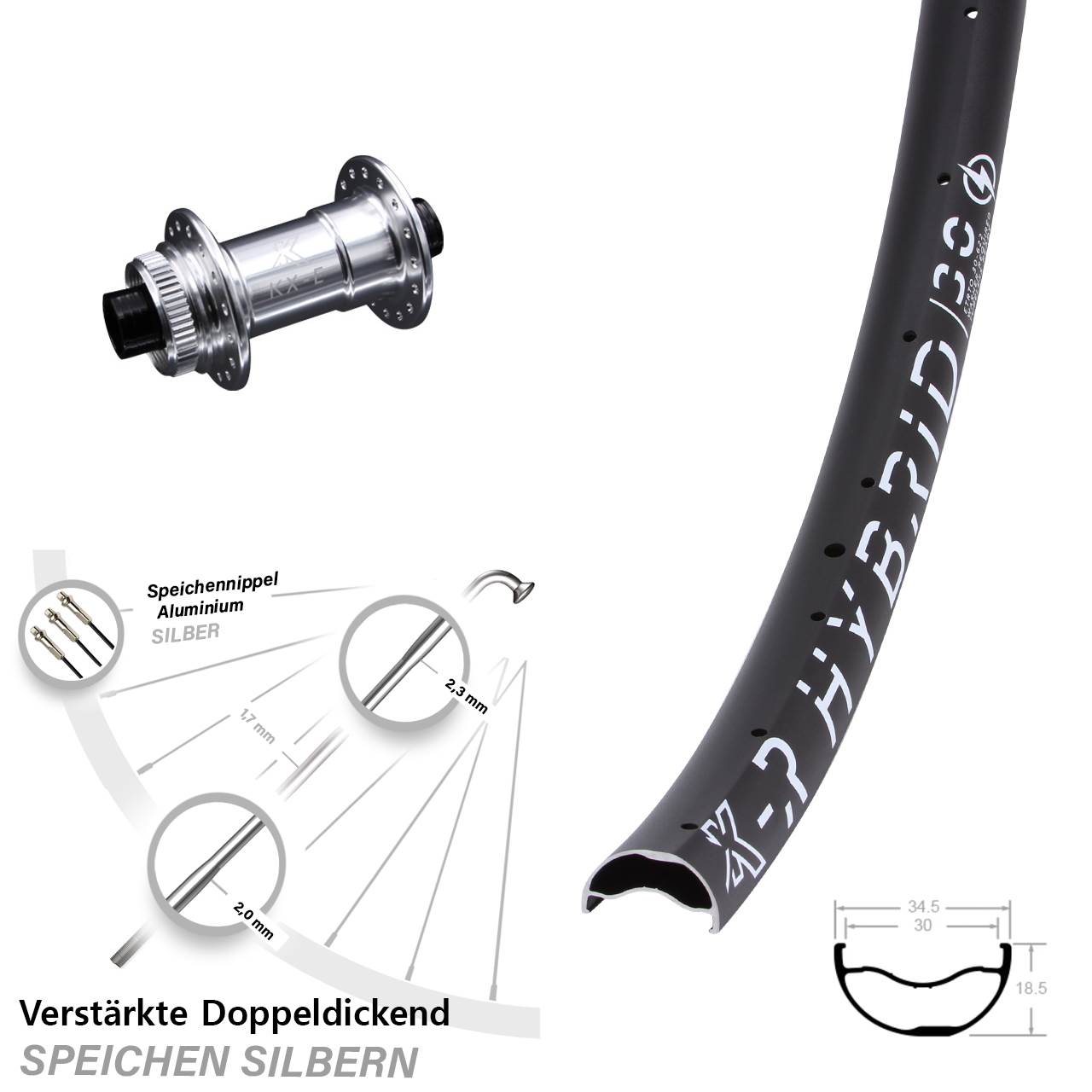 silbernes 29 Zoll Vorderrad KX-ER Hybrid 30 verstärkt Steckachse Centerlock