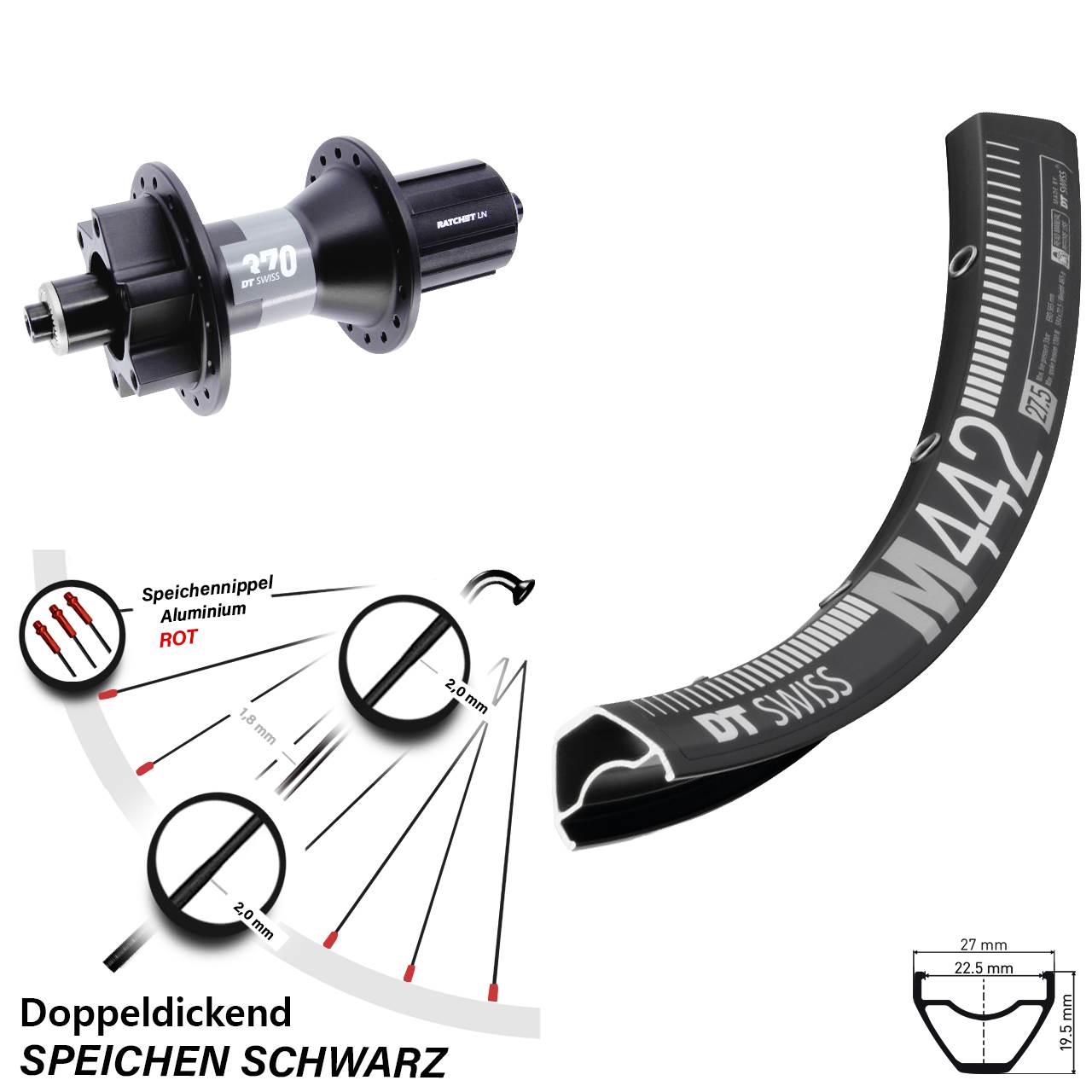 6-Loch Hinterrad 28 Zoll DT Swiss M442 370 8-11 fach HG für Schnellspanner Boost