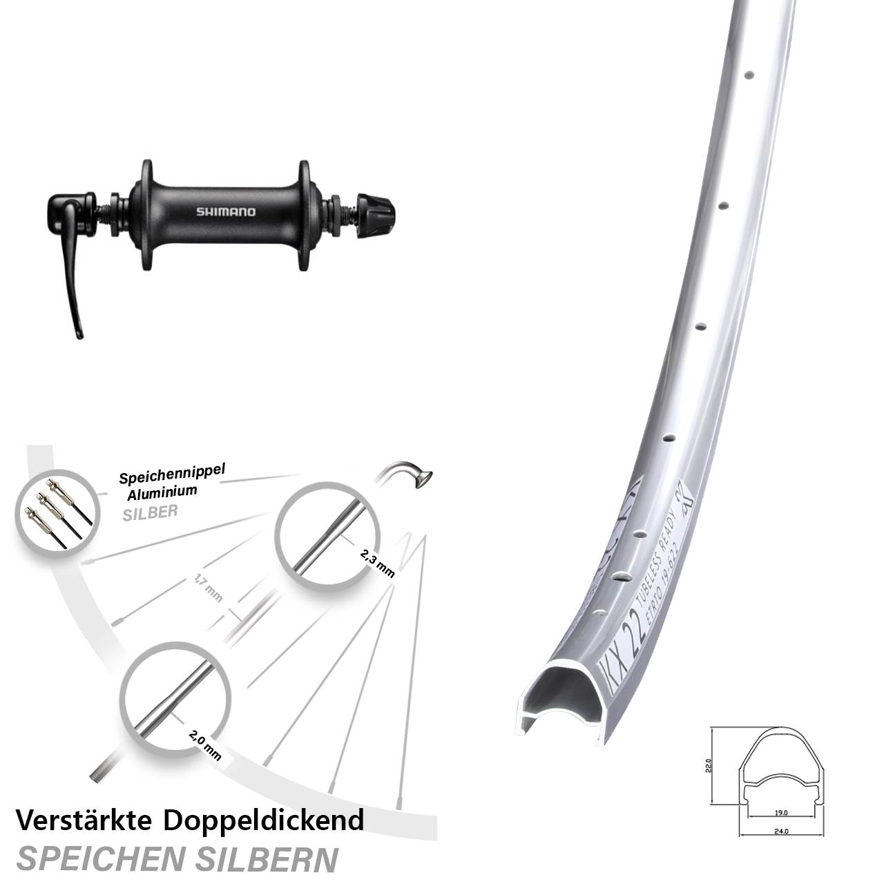 Vorderrad 28 Zoll KX 22 Shimano HB-T3000 für Schnellspanner