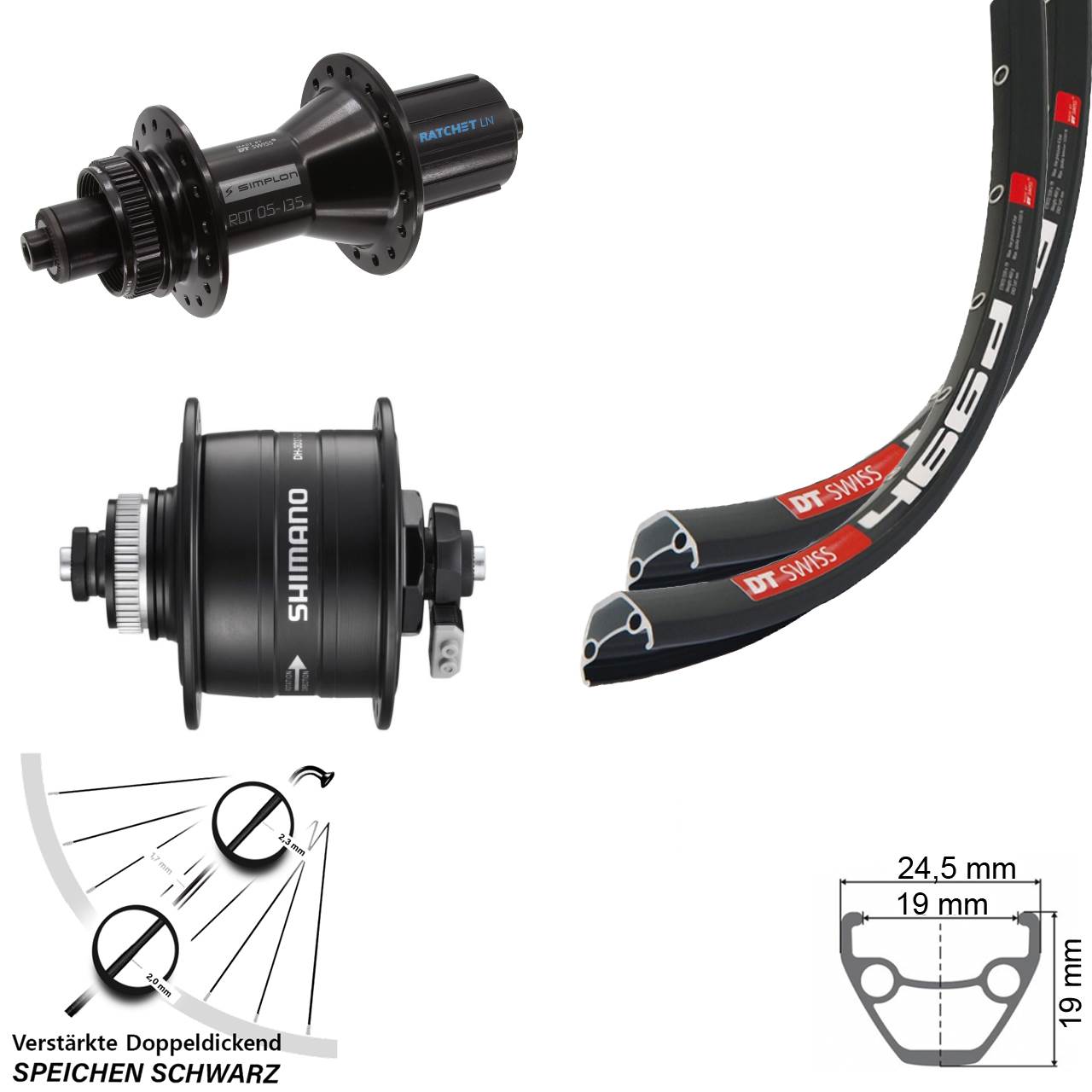 28 Zoll DT Swiss 466d 370 Hybrid Shimano DH-3D37 Disc Laufradsatz QR 8-11 fach schwarz