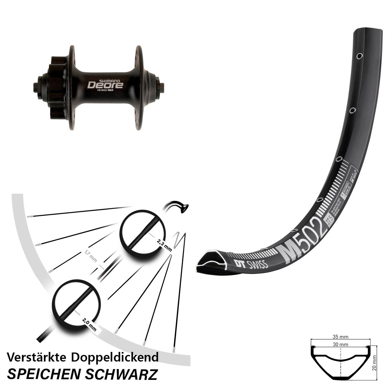 Vorderrad 6-Loch für Schnellspanner 27,5 Zoll DT Swiss M 502 Shimano Deore HB-M525