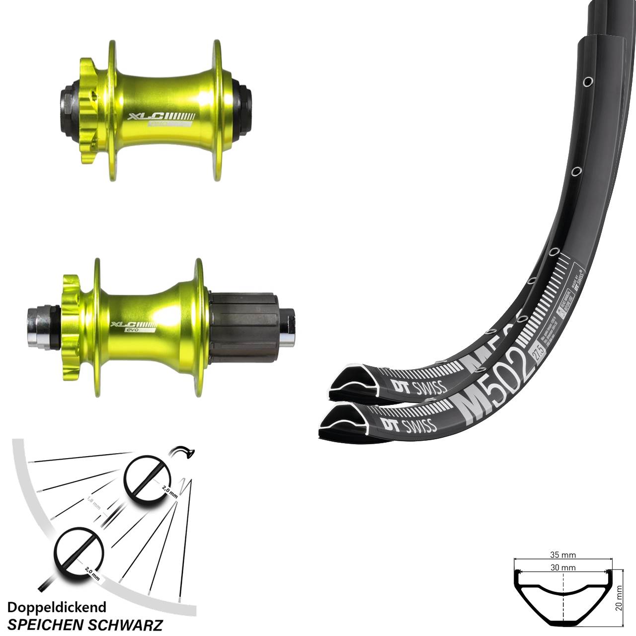 MTB Laufradsatz 29 Zoll DT Swiss M 502 Nabe XLC Pro grün eloxiert 100/142 mm Steckachse
