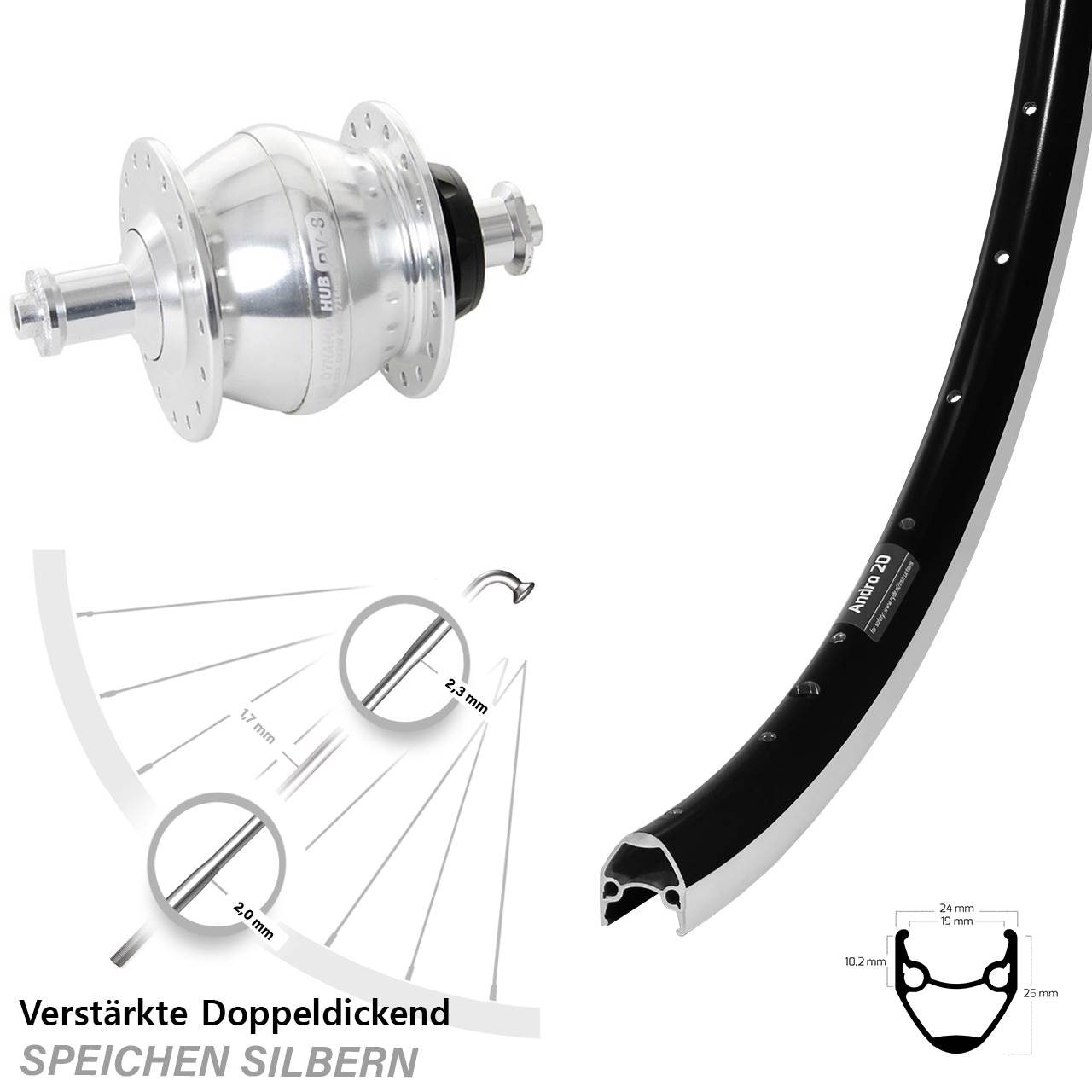 Vorderrad mit Nabendynamo 28 Zoll Ryde Andra 20 Shutter Precision PV-8 für Schnellspanner