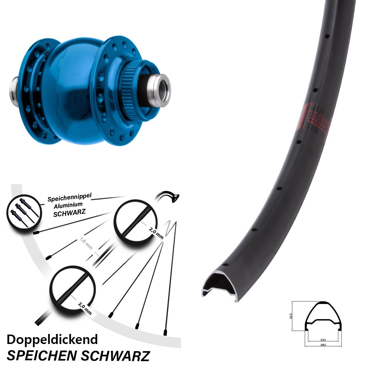 Laufrad KX Clue SON 28 Zoll Centerlock Vorderrad 12x100 blau