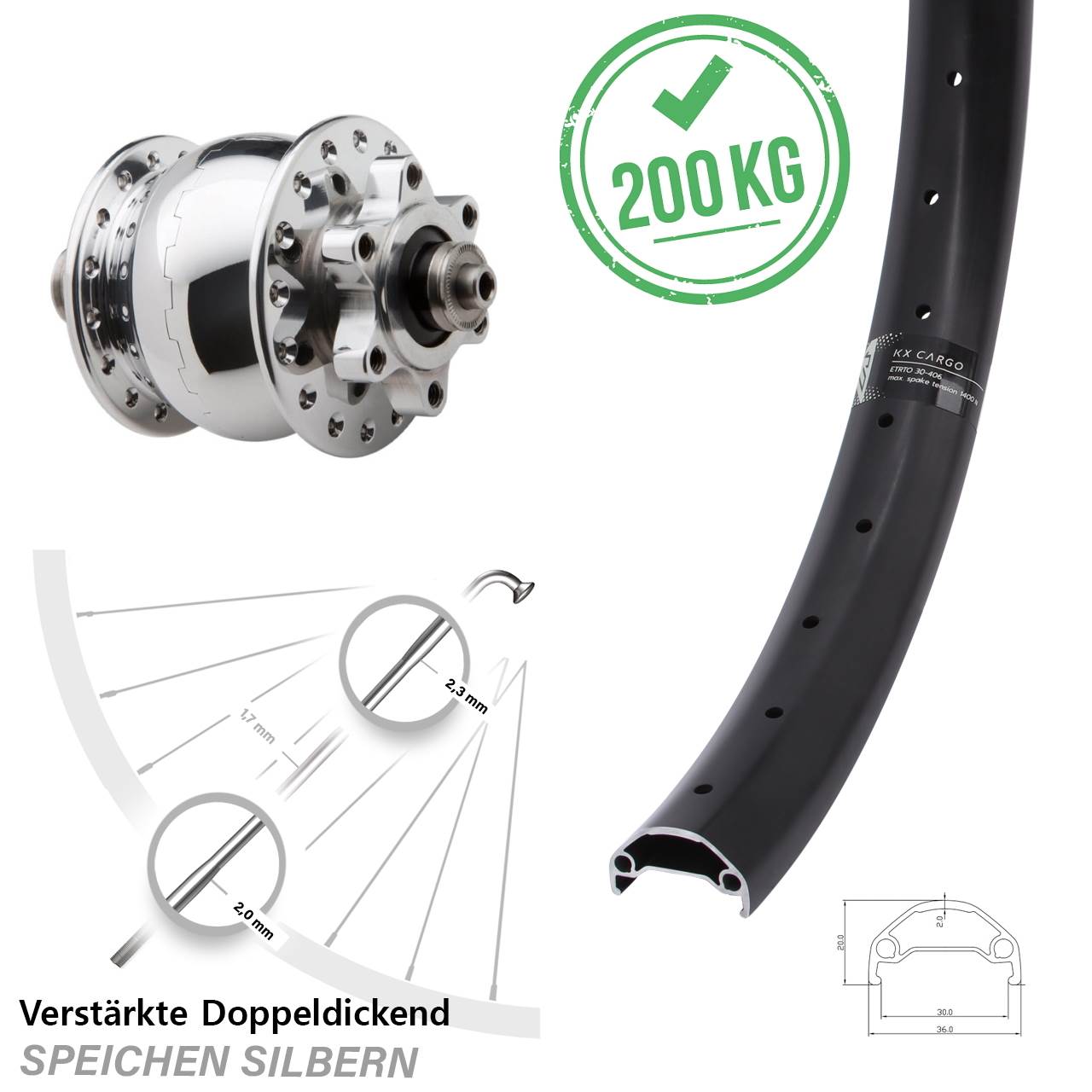 Vorderrad 26 Zoll KX Cargo TR SON 28 6-Loch QR silbern poliert