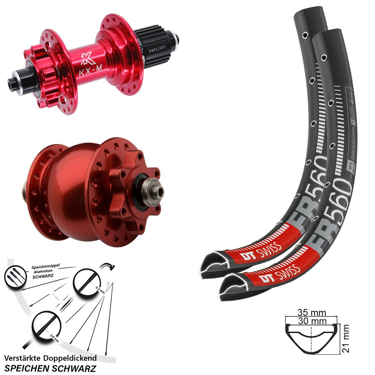 Disc Laufrad-Satz 26 Zoll DT Swiss FR 560 KX-M rot SON 28 Shimano Micro Spline QR