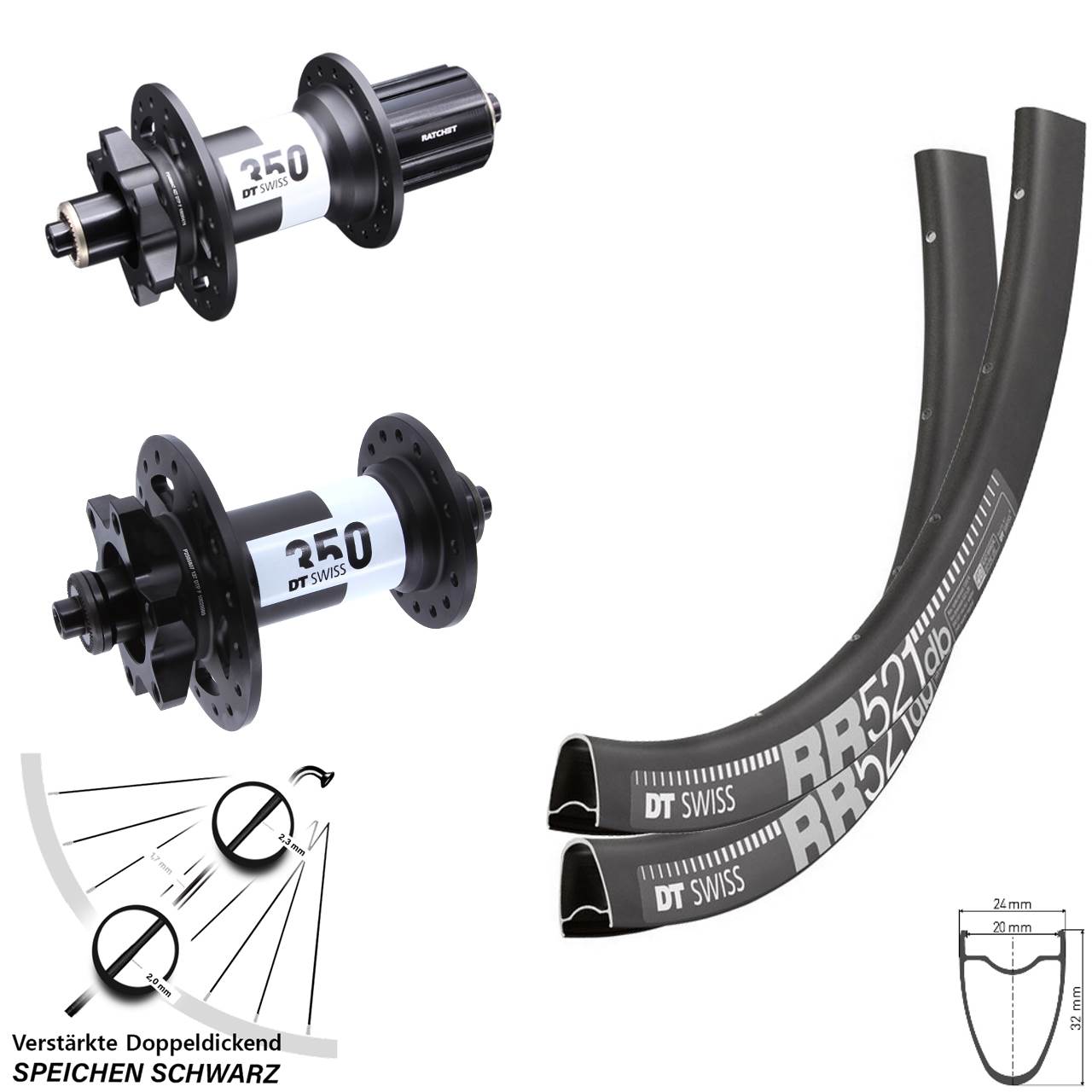 28 Zoll DT Swiss RR521 350 Disc Laufrad-Satz für Schnellspanner 8-11 fach HG