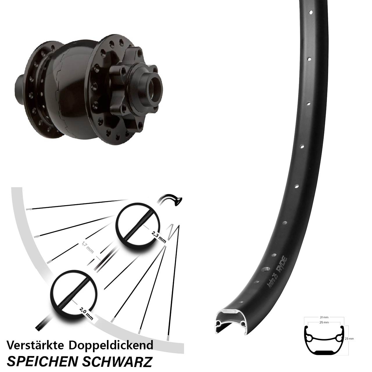 Nabendynamovorderrad 6-Loch Ryde Andra 25 SON 28 Zoll 15x100