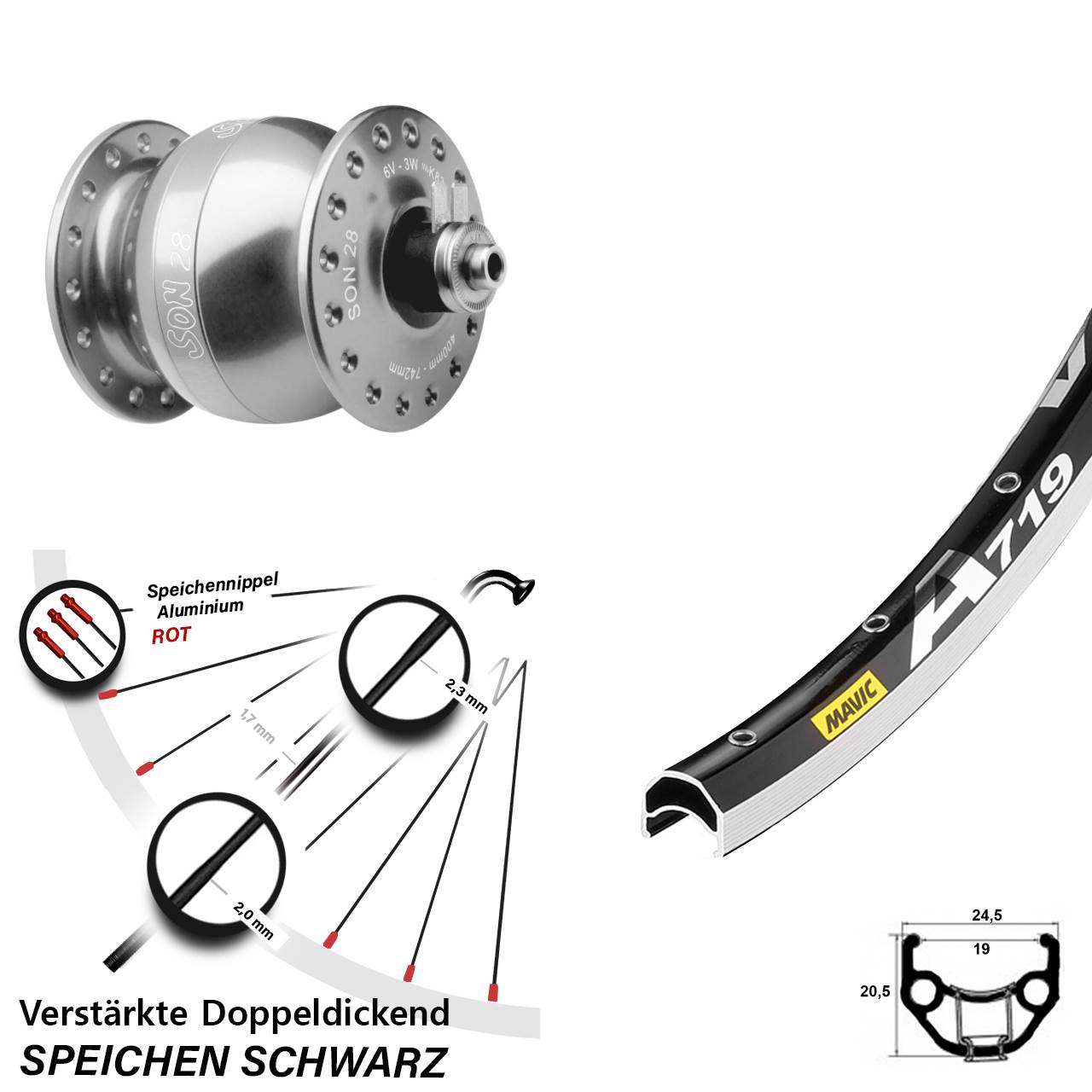 Vorderrad mit Nabendynamo SON 28 Zoll Mavic A 719 silbern QR