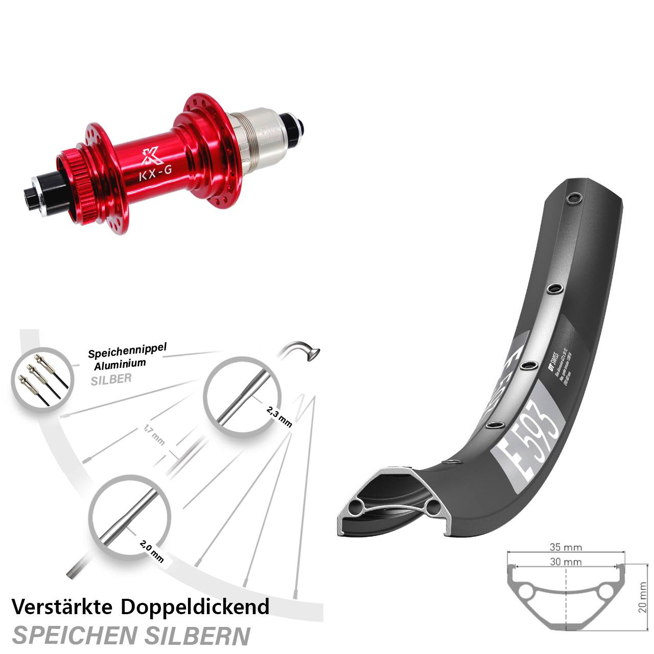 Hinterrad Centerlock 29 Zoll DT Swiss E 593 KX-G rot XDR QR