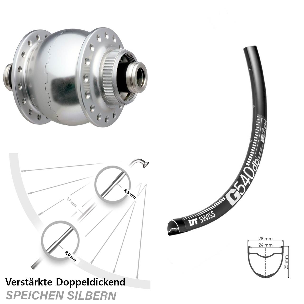 Nabendynamo-Vorderrad Centerlock 650B DT Swiss G 540 SON 28 silbern 12x100