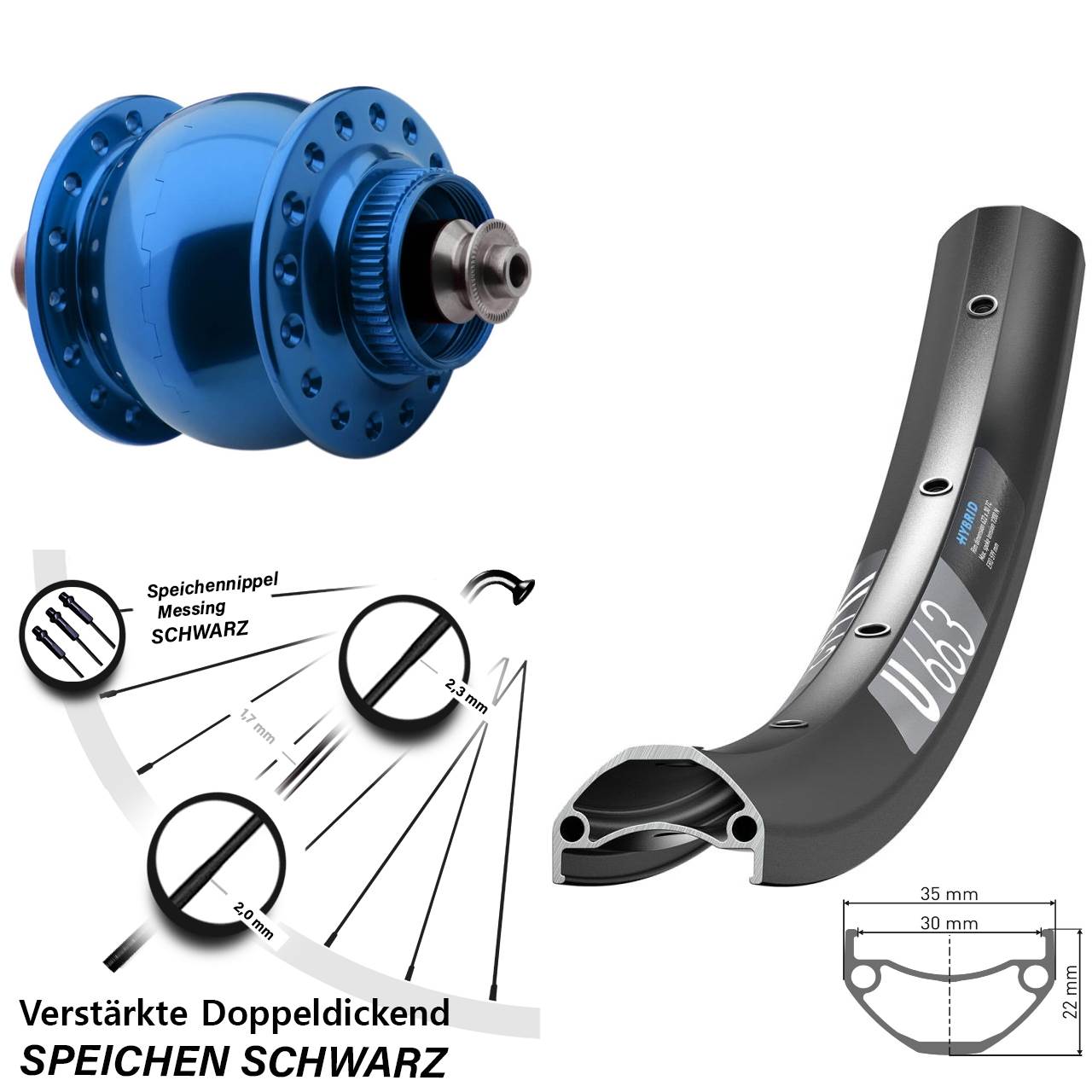 SON 28 blau DT Swiss U 663 20 Zoll Disc Laufrad mit Nabendynamo für Schnellspanner