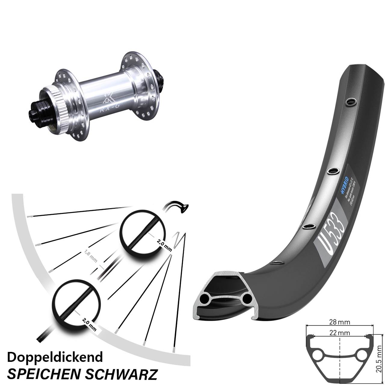 29 Zoll DT Swiss U533 KX-G Centerlock Vorderrad QR
