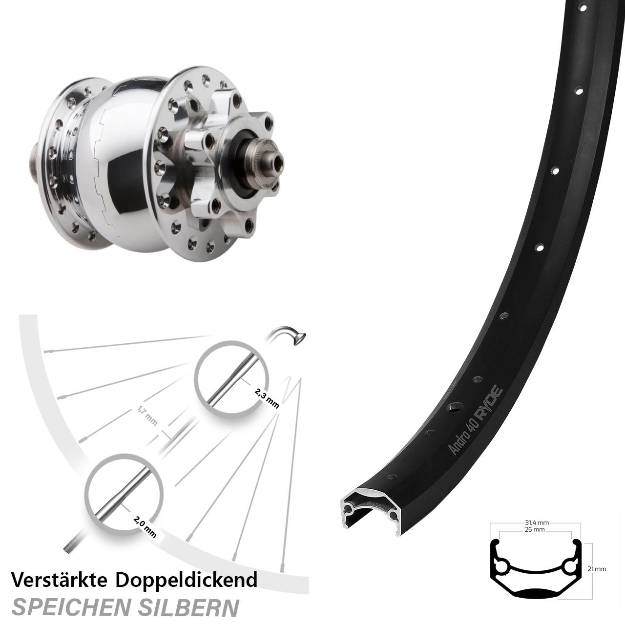Disc Vorderrad mit Nabendynamo 20 Zoll Ryde Andra 40 SON 28 für Schnellspanner