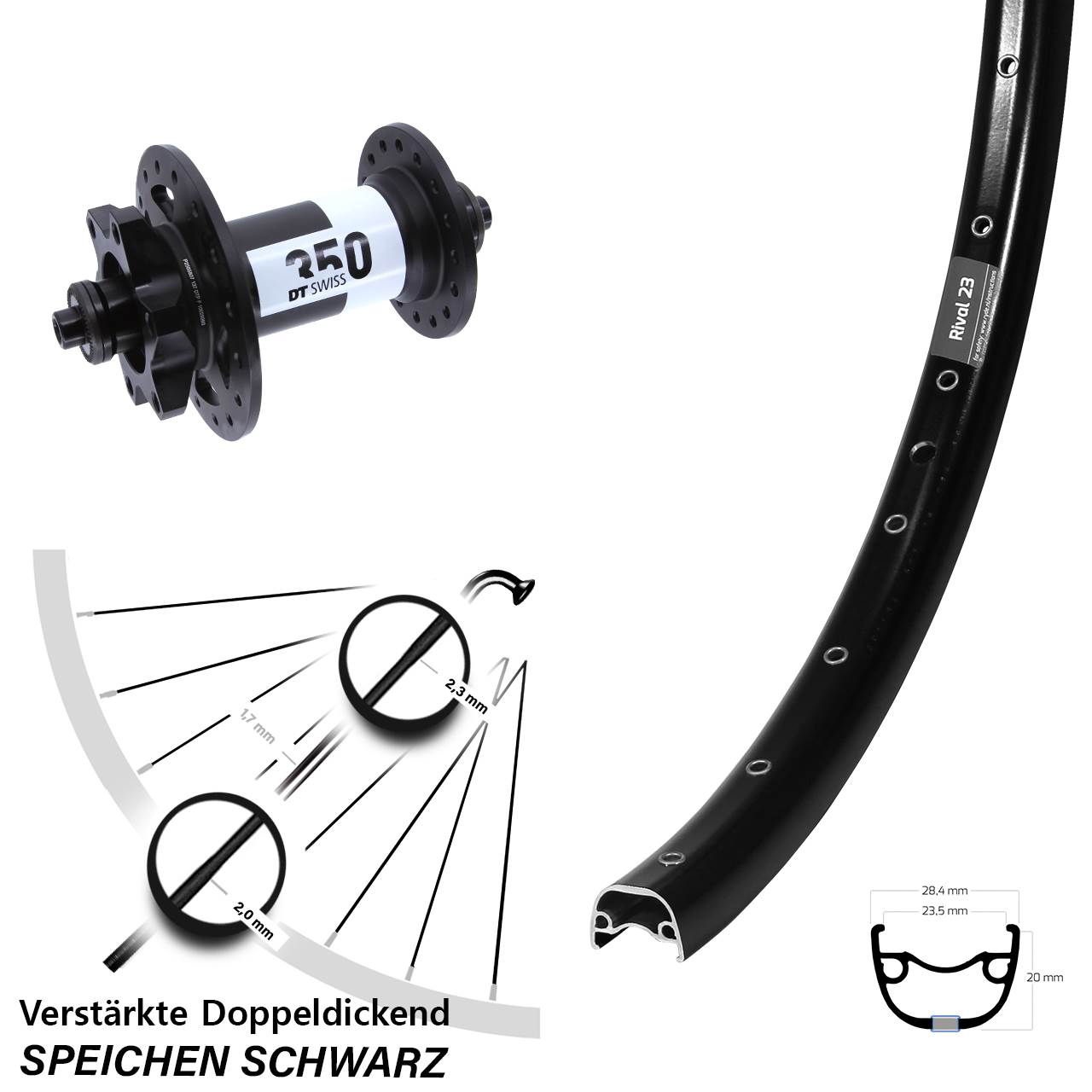 27,5 Zoll Ryde Rival 23 DT Swiss 350 Disc Vorderrad für Schnellspanner