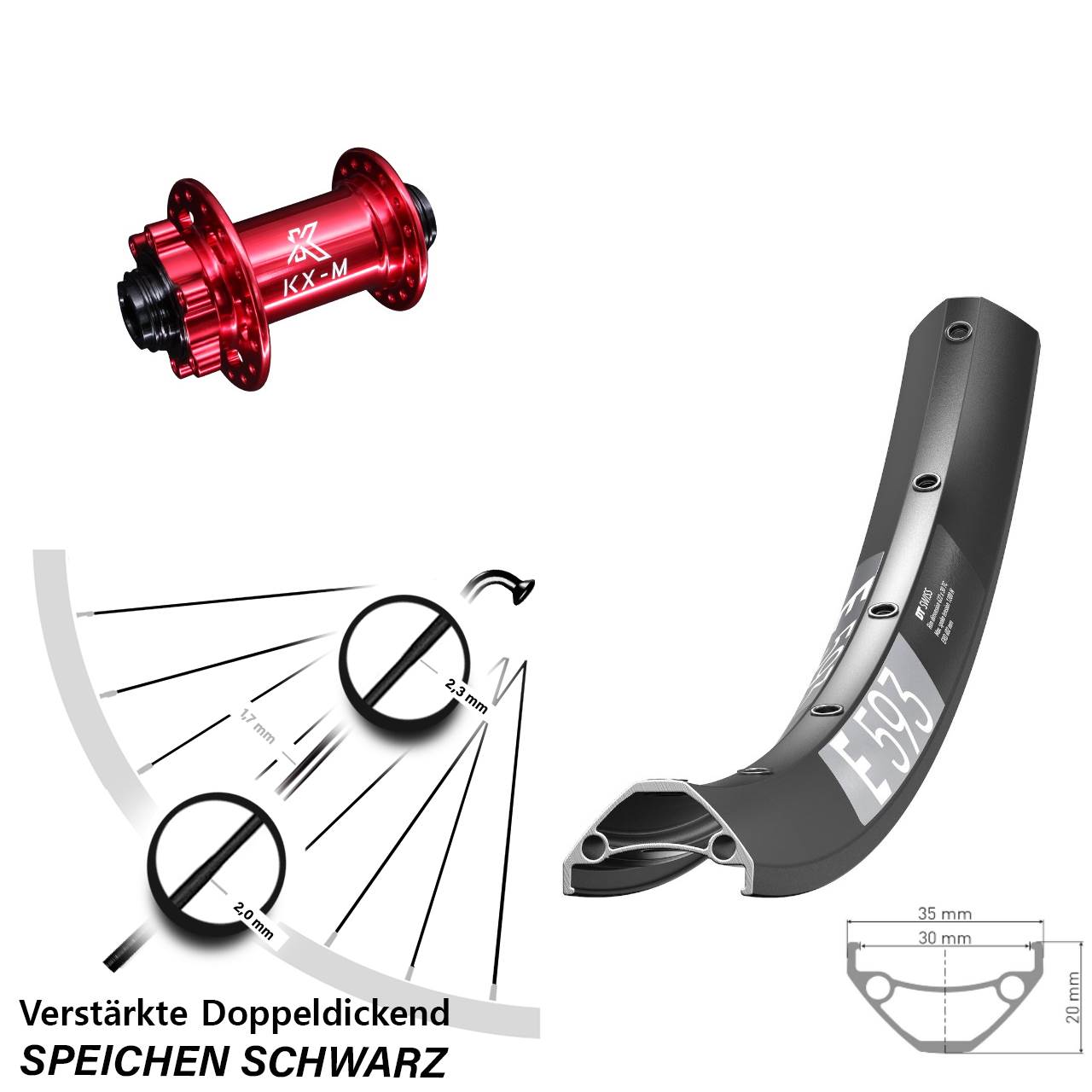 27,5 Zoll DT Swiss E 593 KX-M rot Disc Vorderrad 15x100