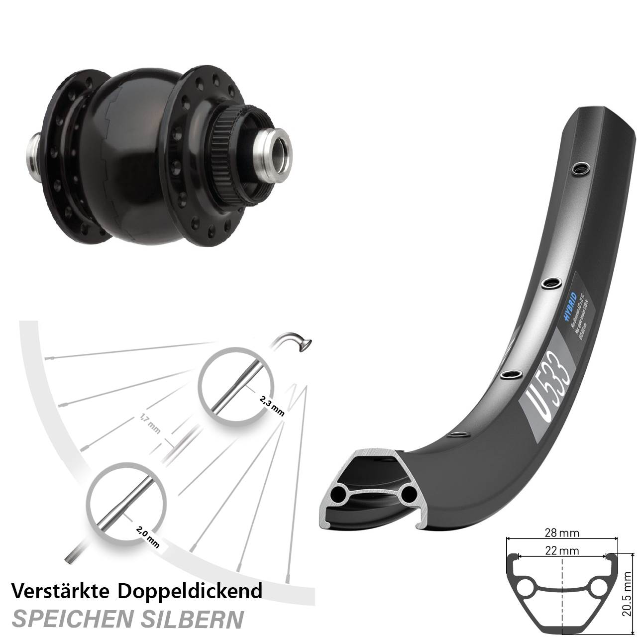 SON delux DT Swiss U533 28 Zoll Centerlock Dynamovorderrad 12x100