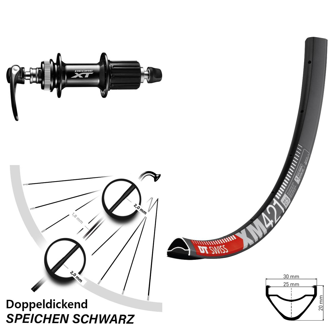 27,5 Zoll DT Swiss XM421 Shimano FH-M8000 Centerlock Hinterrad für Schnellspanner 8-11f HG